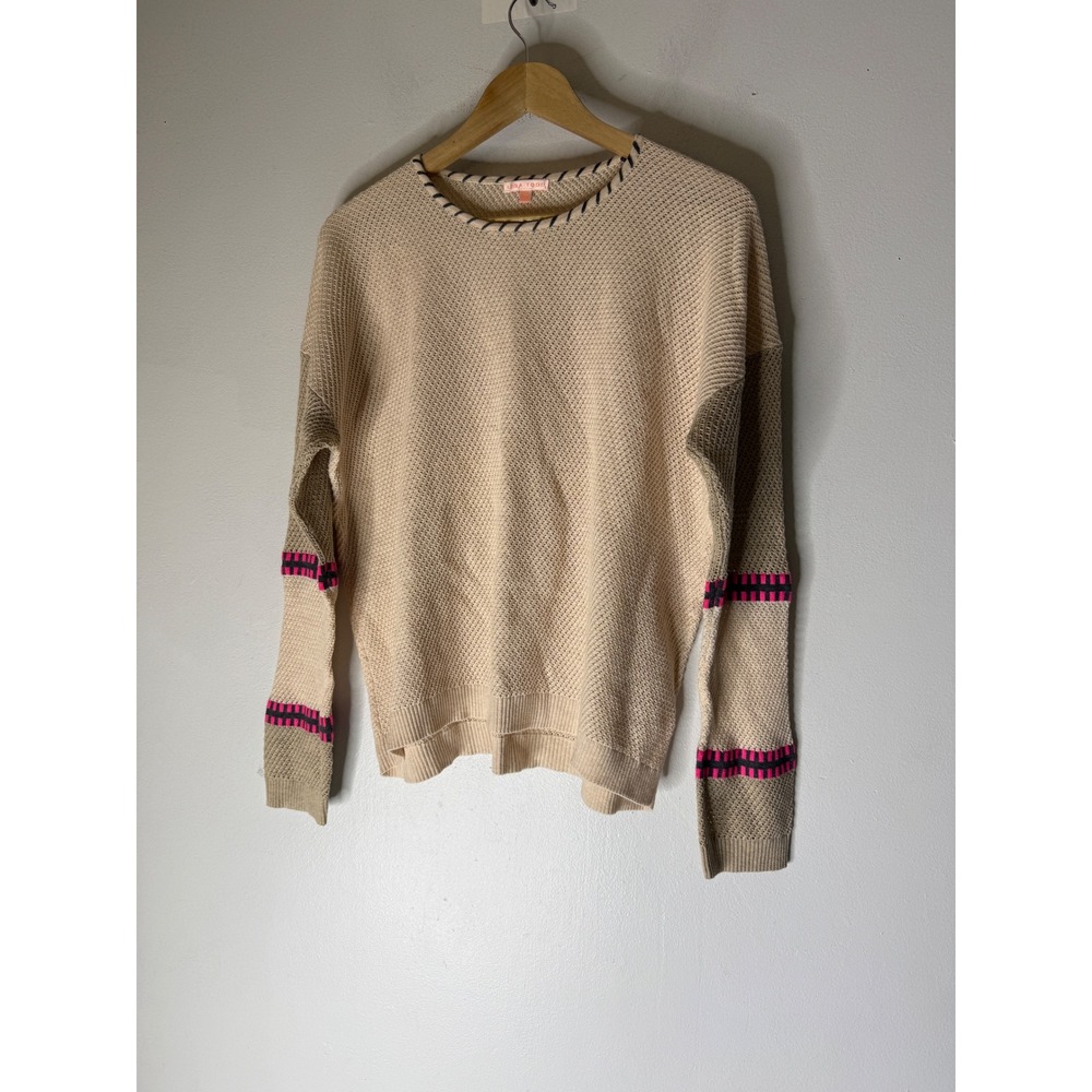 Lisa Todd Beige Open Knit Whipstitch Trim Sweater XL Tan Mesh Long Sleeve